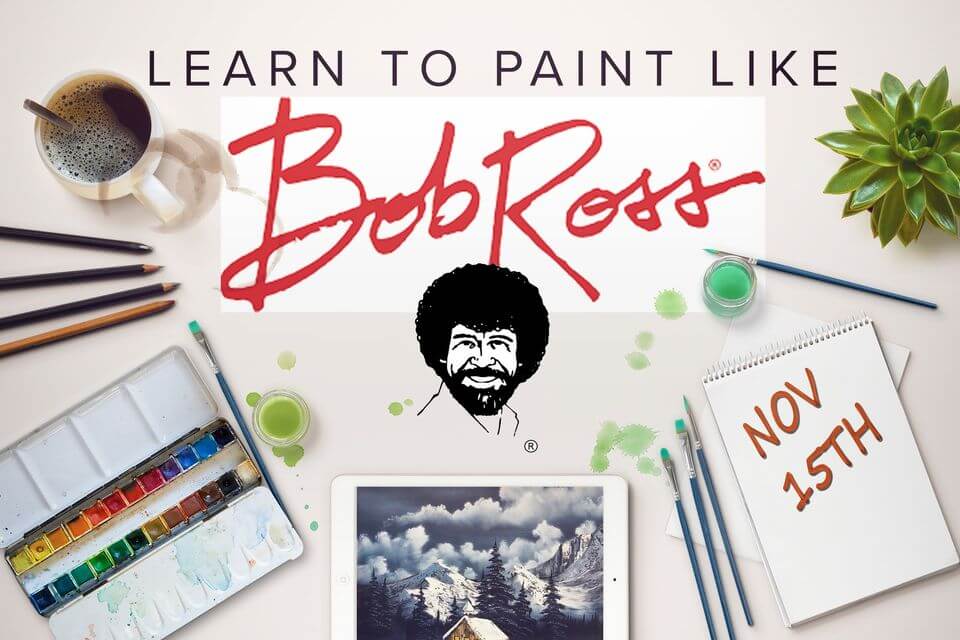 image showing Bob Ross trademark and his painting Silent Night